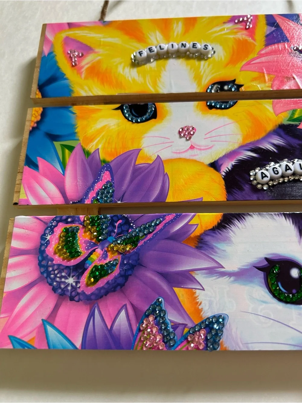 Handmade Lisa Frank Cats Against Fascism Wall Sign with Butterflies